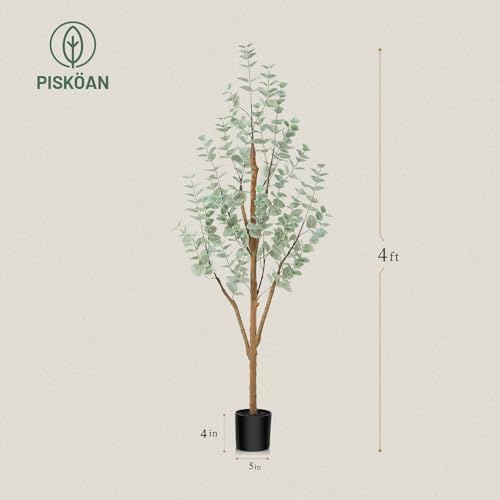 PISKOAN 4ft Artificial Eucalyptus Tree with Natural Wood Trunk and Lifelike Leaves