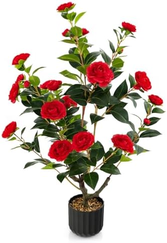 DREAMADE 38 Inch Artificial Camellia Tree with Cement Pot