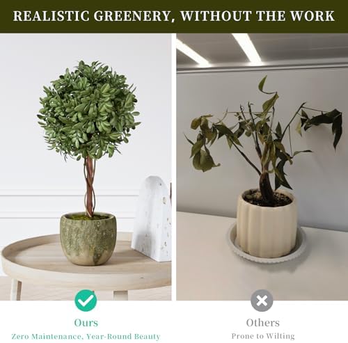 Fake Plant Boxwood Trees 13 Inch Artificial Topiary with Concrete Pots