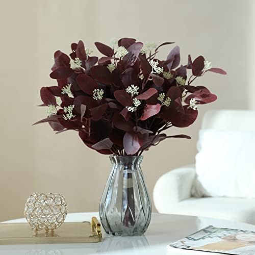 20 Inch Artificial Eucalyptus Stems with Berries 12Pcs Burgundy