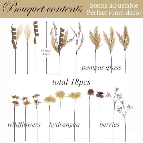 18Pcs Boho Faux Fall Dried Pampas Grass and Silk Hydrangea Bouquets