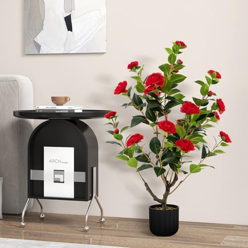 DREAMADE 38 Inch Artificial Camellia Tree with Cement Pot