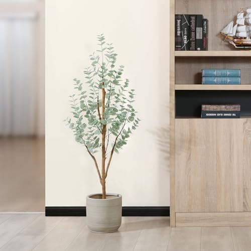 PISKOAN 4ft Artificial Eucalyptus Tree with Natural Wood Trunk and Lifelike Leaves