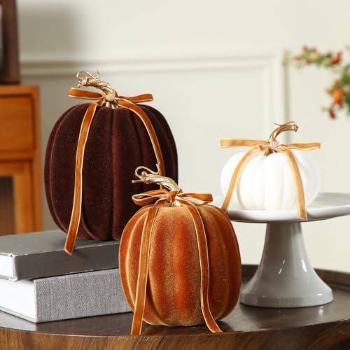 Wesiti 3 Pack Artificial Flocked Pumpkins for Fall Decor