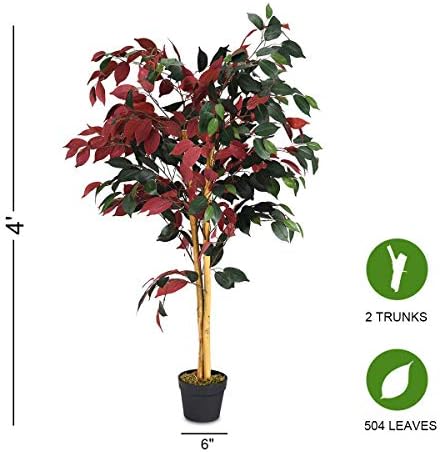 COSTWAY Artificial Ficus Tree in Pot Green Red