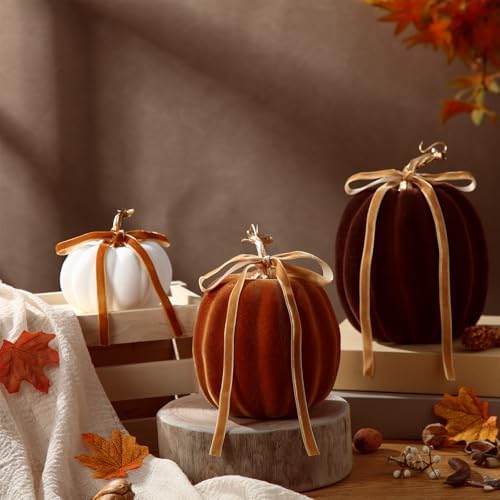 Wesiti 3 Pack Artificial Flocked Pumpkins for Fall Decor