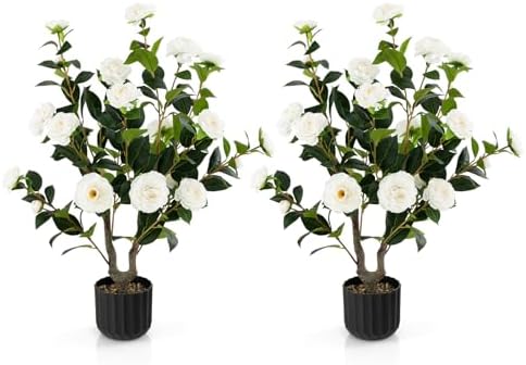 Artificial Camellia Tree Set 2 38 Inch Tall Potted Decor