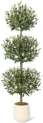 5FT Artificial Olive Triple Ball Topiary Trees with Moss and Inner Pot