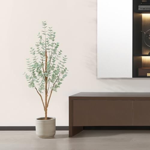 PISKOAN 4ft Artificial Eucalyptus Tree with Natural Wood Trunk and Lifelike Leaves