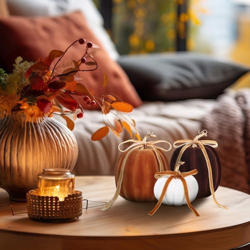 Wesiti 3 Pack Artificial Flocked Pumpkins for Fall Decor