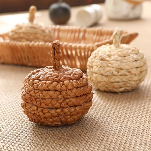HOMSFOU 2pcs Handmade Straw Woven Pumpkin Ornaments Fall Decor