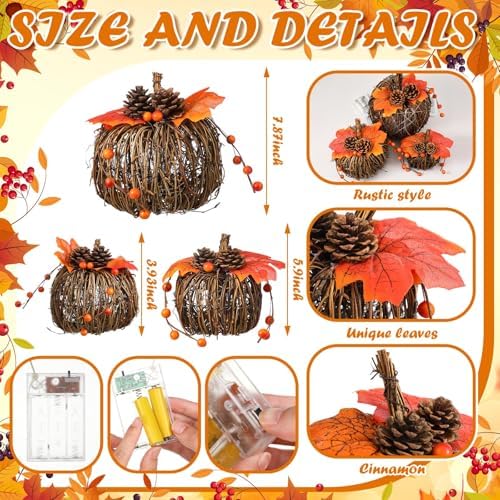 3 Pcs Rattan Lighted Pumpkin Fall Decorations