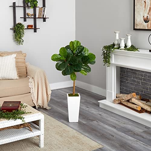 Nearly Natural 4ft Fiddle Leaf Artificial Tree in White Planter