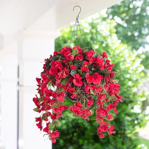 HyeFlora Artificial Hanging Hibiscus Flowers Red Basket