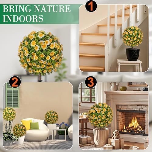25 Inch Artificial Boxwood Topiary Ball with Yellow Sunflowers Set of 2