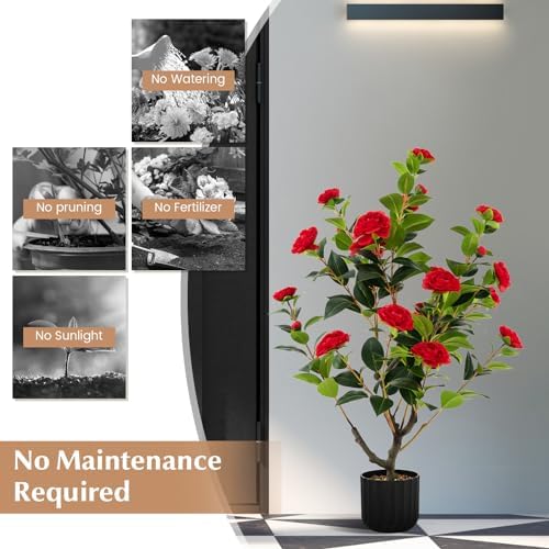 DREAMADE 38 Inch Artificial Camellia Tree with Cement Pot