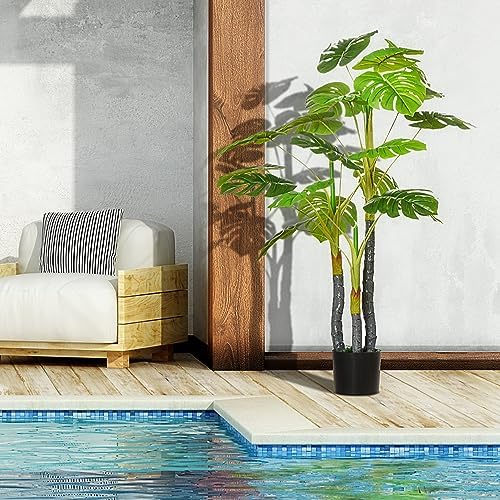 HOMCOM 4FT Artificial Monstera Tree with Black Pot