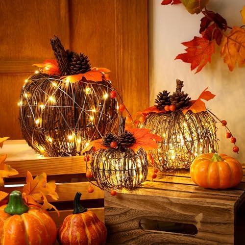 3 Pcs Rattan Lighted Pumpkin Fall Decorations