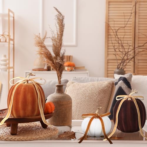 Wesiti 3 Pack Artificial Flocked Pumpkins for Fall Decor