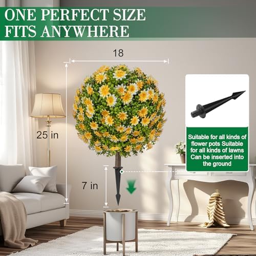 25 Inch Artificial Boxwood Topiary Ball with Yellow Sunflowers Set of 2