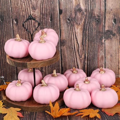 FOIMAS 12pcs Pink Artificial Pumpkins Fall Decor