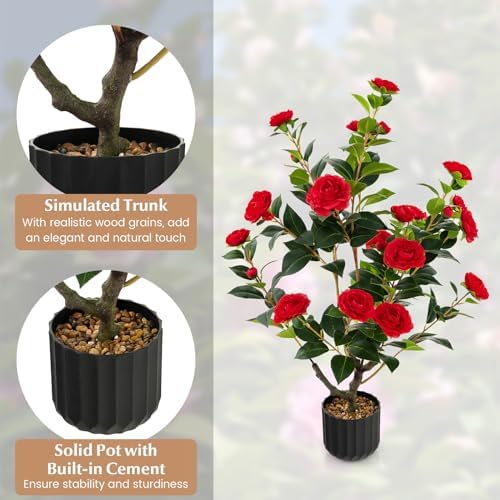 DREAMADE 38 Inch Artificial Camellia Tree with Cement Pot