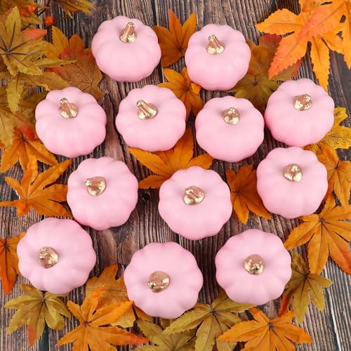 FOIMAS 12pcs Pink Artificial Pumpkins Fall Decor