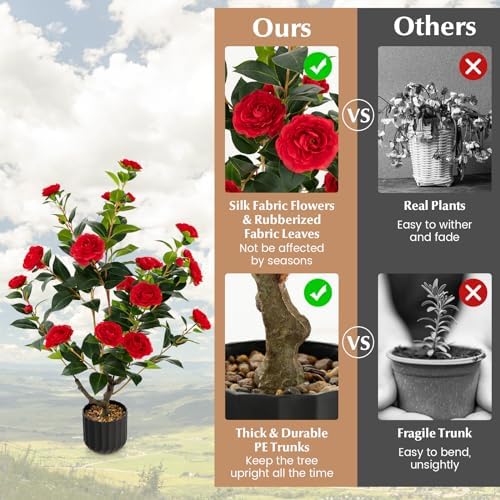 DREAMADE 38 Inch Artificial Camellia Tree with Cement Pot