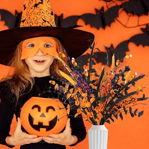6 Pcs Artificial Halloween Stem Decor with Berries and Leaves