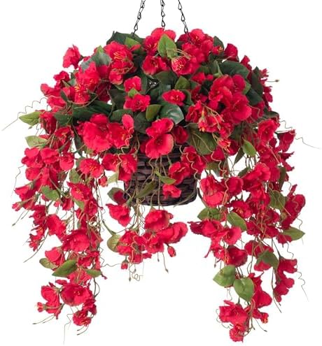 HyeFlora Artificial Hanging Hibiscus Flowers Red Basket
