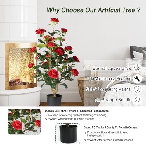 Artificial Camellia Tree Set of 2 - Red Flowers Realistic Design