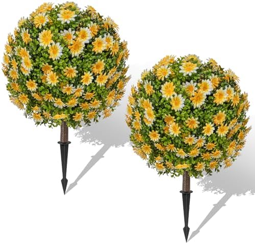 25 Inch Artificial Boxwood Topiary Ball with Yellow Sunflowers Set of 2