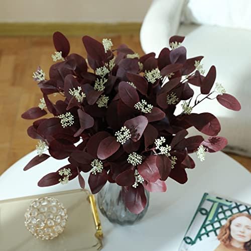 20 Inch Artificial Eucalyptus Stems with Berries 12Pcs Burgundy
