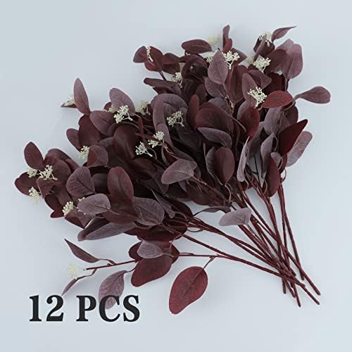 20 Inch Artificial Eucalyptus Stems with Berries 12Pcs Burgundy