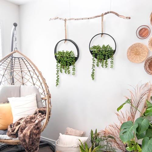 CEWOR 2pcs Artificial Hanging Succulent Plants Black Boho Wall Decor