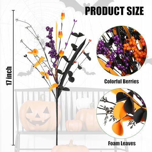 6 Pcs Artificial Halloween Stem Decor with Berries and Leaves