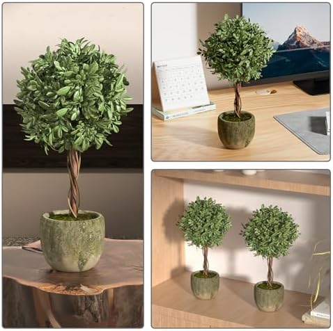 Fake Plant Boxwood Trees 13 Inch Artificial Topiary with Concrete Pots