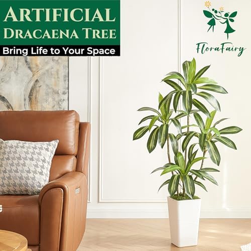 5FT Artificial Dracaena Tree with White Planter and Green Moss