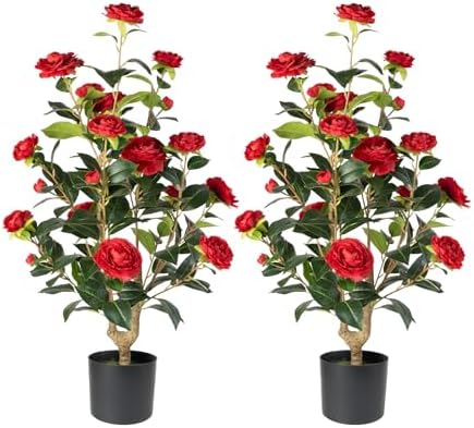 Artificial Camellia Tree Set of 2 - Red Flowers Realistic Design