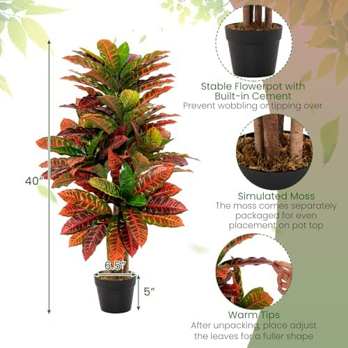 HAPPYGRILL Artificial Croton Plant 40 Tall Faux Tree with Nursery Pot