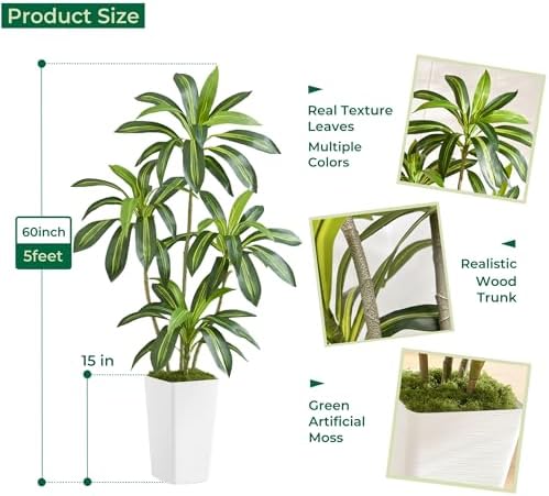 5FT Artificial Dracaena Tree with White Planter and Green Moss