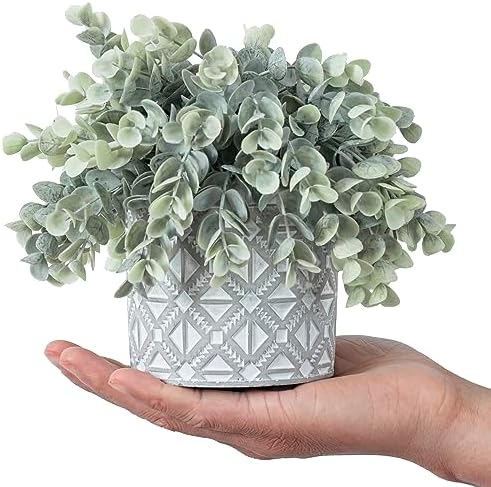 MyGift Artificial Eucalyptus Plant in Modern Gray Concrete Pot with Geometric Design