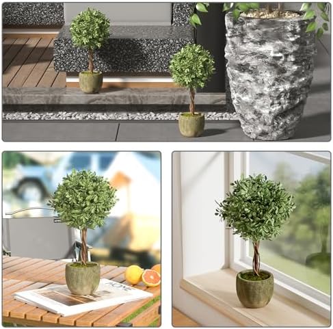 Fake Plant Boxwood Trees 13 Inch Artificial Topiary with Concrete Pots