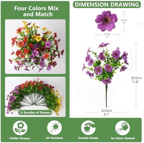 Hommyea Artificial Flowers 12 Bundles UV Resistant Outdoor Decor