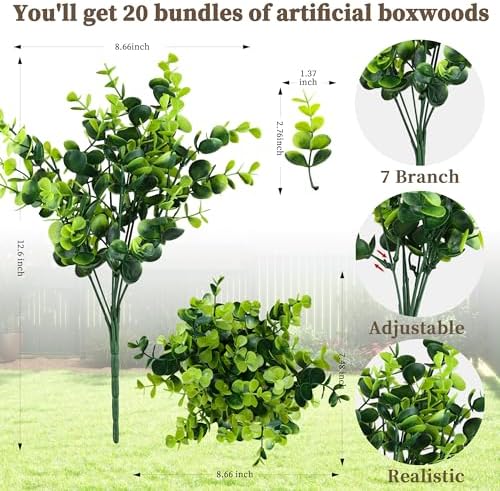 20 Bundle Artificial Boxwood Plants for Decor