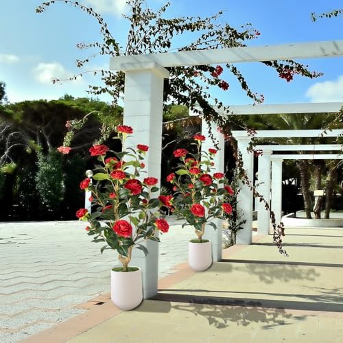 Artificial Camellia Tree Set of 2 - Red Flowers Realistic Design
