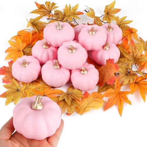 FOIMAS 12pcs Pink Artificial Pumpkins Fall Decor