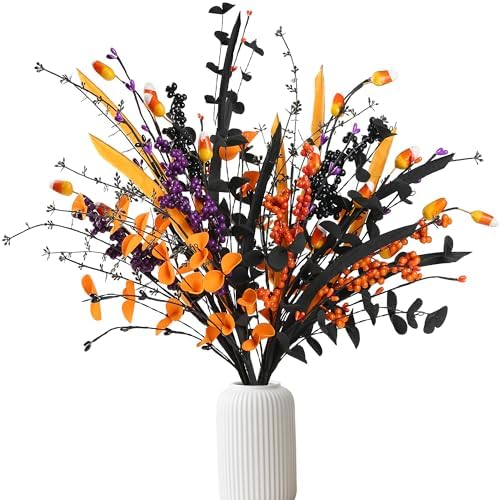 6 Pcs Artificial Halloween Stem Decor with Berries and Leaves