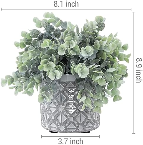 MyGift Artificial Eucalyptus Plant in Modern Gray Concrete Pot with Geometric Design