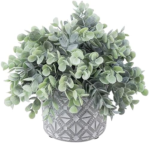 MyGift Artificial Eucalyptus Plant in Modern Gray Concrete Pot with Geometric Design